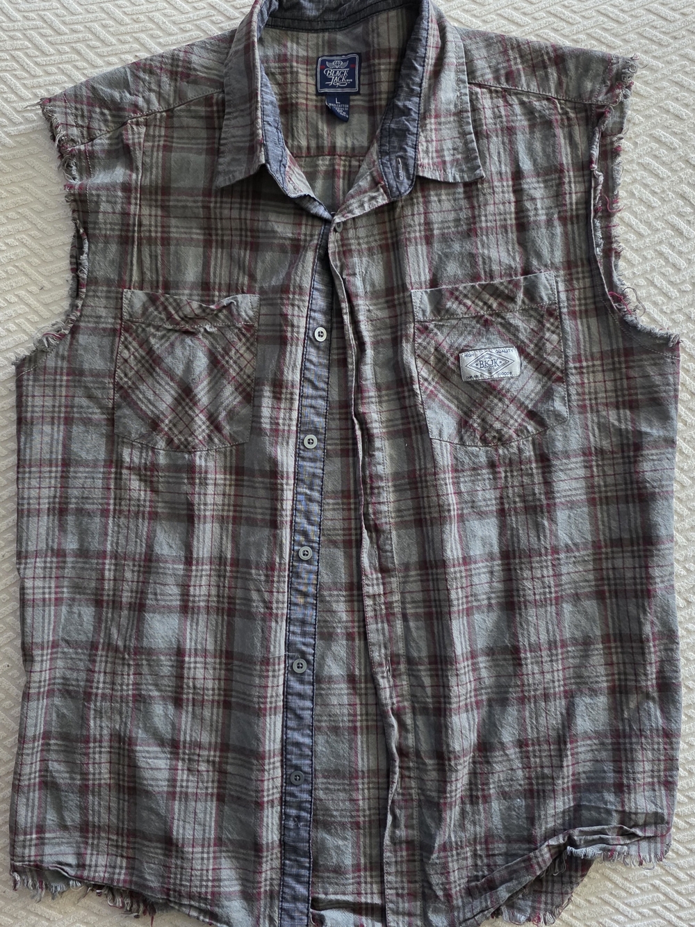 Vintage Sleeveless Plaid Button-Down Shirt - Gray with Red Stripes